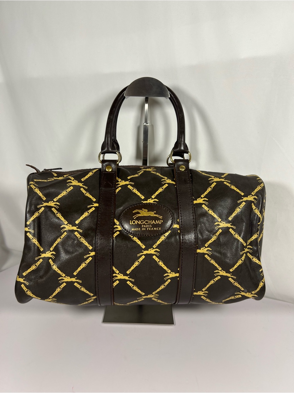 3108: Longchamp Vintage Logo Print Leather Boston Duffel Travel Bag France